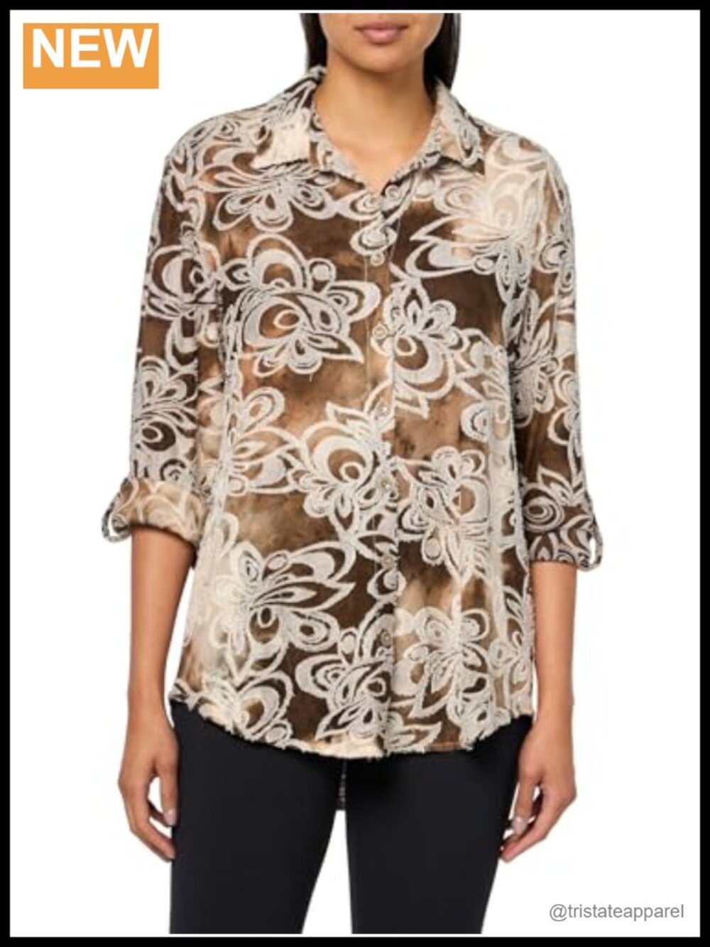 Womens Roll Tab Long Sleeve Button Front Hi-Lo Shirt Floral Blouse